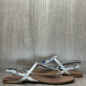 Coach Sandals Womens 7B Olga Embellished T-Strap Slingback Flats Leather Silver